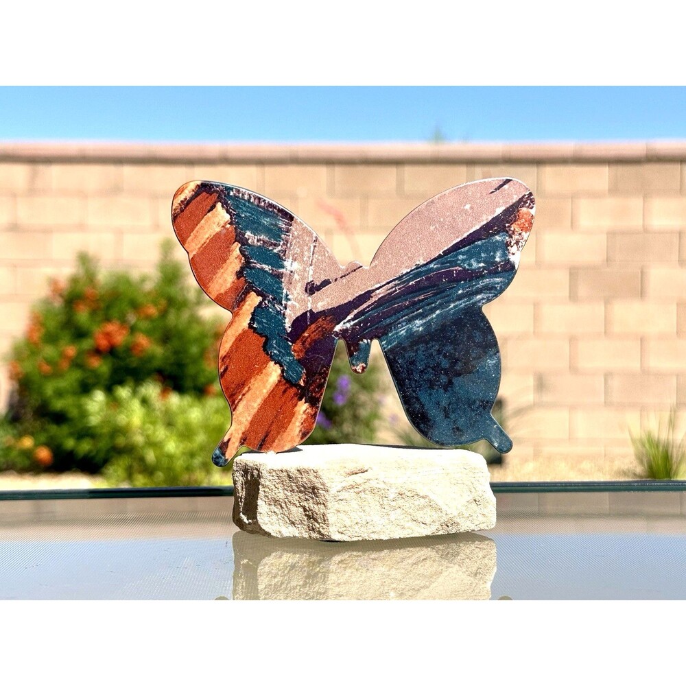 Lazart Butterfly Metal Art Sculpture On Sandstone Base Multicolor Figurine 4 5/8